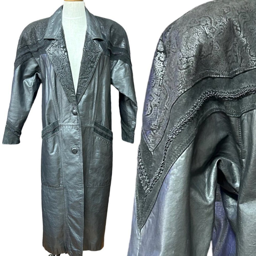 Vintage Womens Trench Coat Small Black Genuine Leather Western Paisley Design